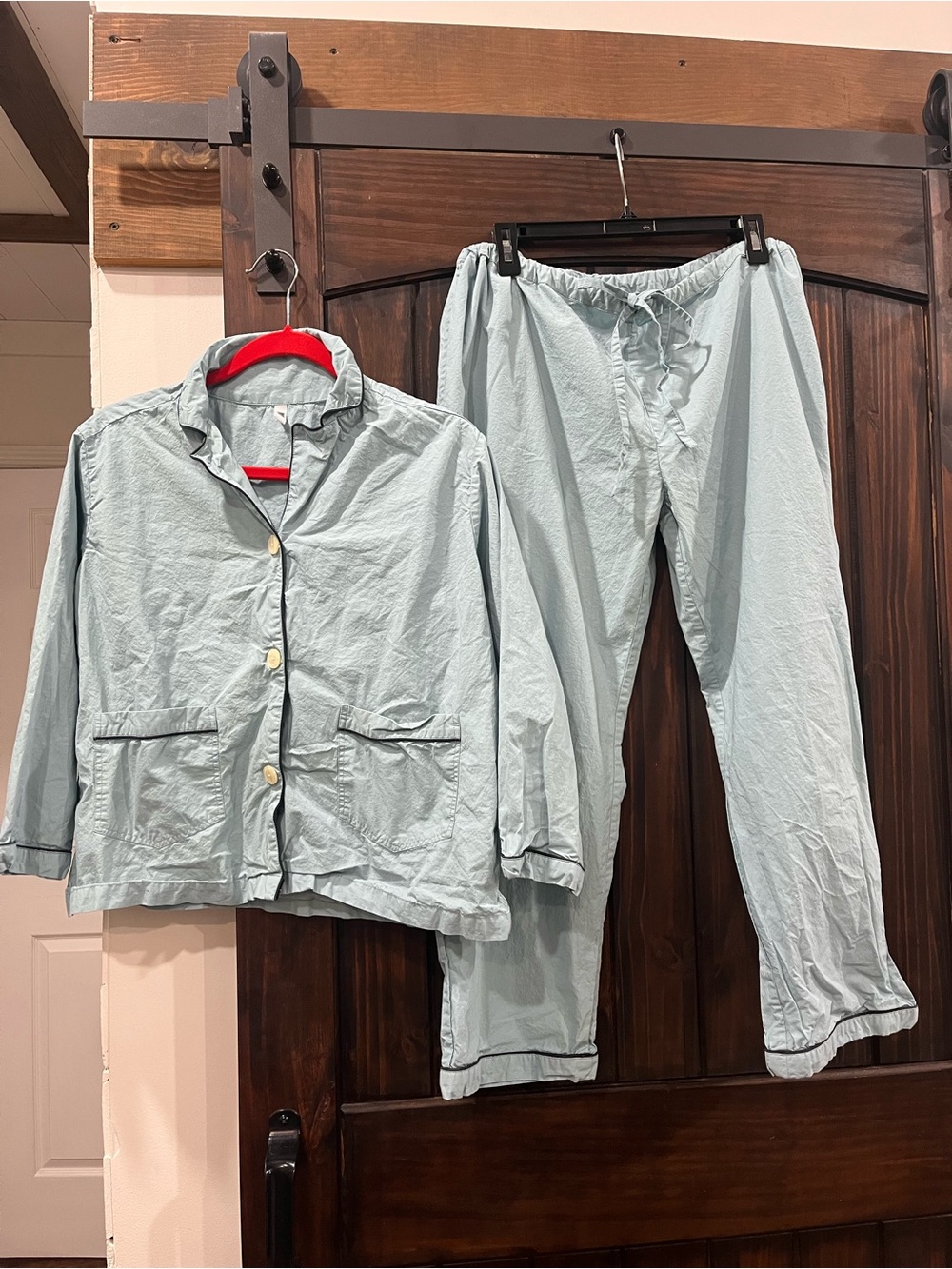 Domi 💯 organic cotton women pajama set light blue/navy trim EUC